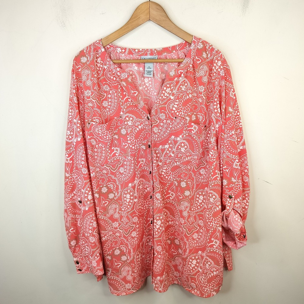 Catherines Button Up Shirt 2X 22 / 24W Paisley Roll Tab Sleeve Coral Pink Blouse